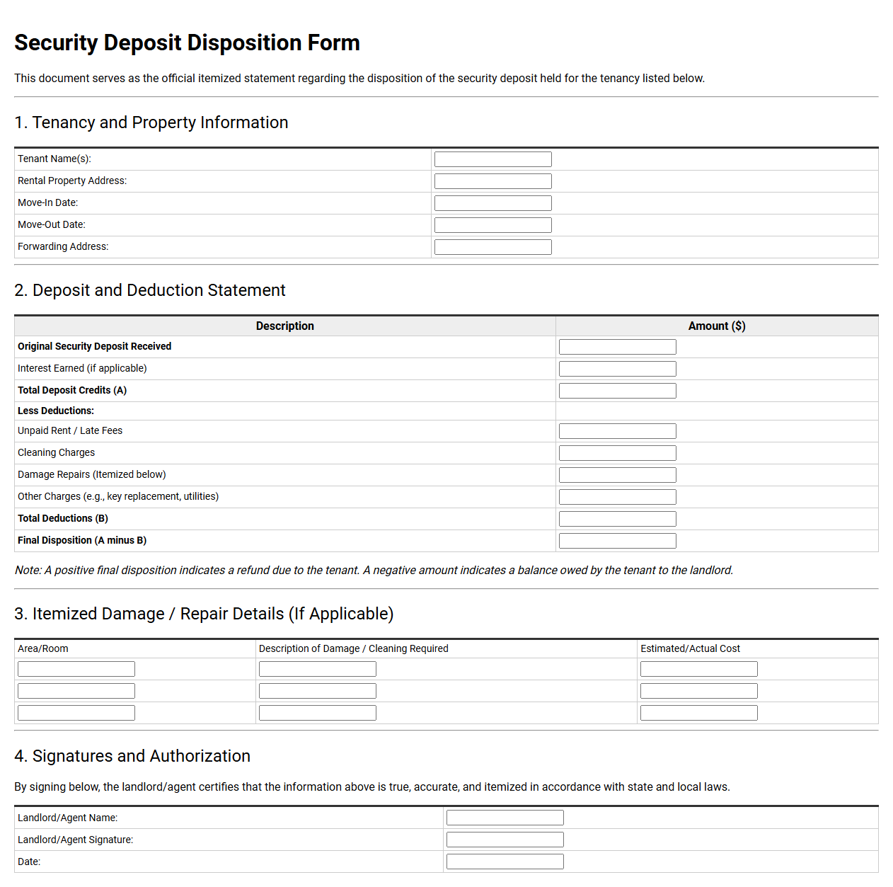 Security Deposit Disposition Form
