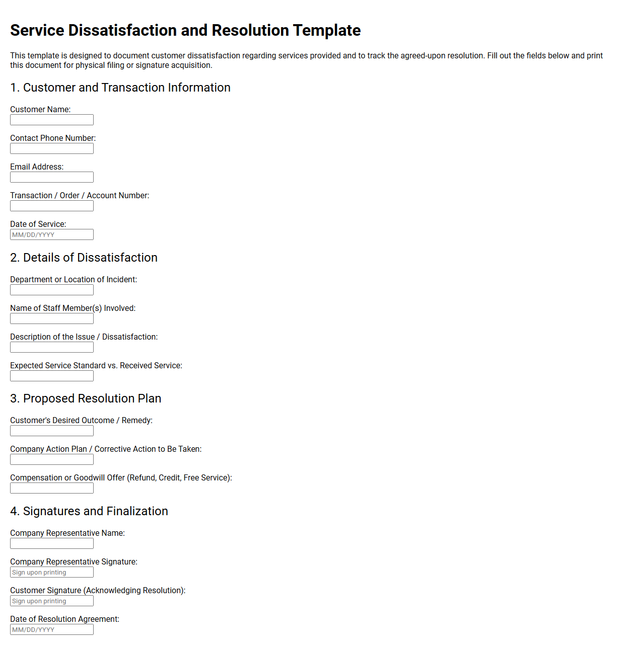 Service Dissatisfaction and Resolution Template