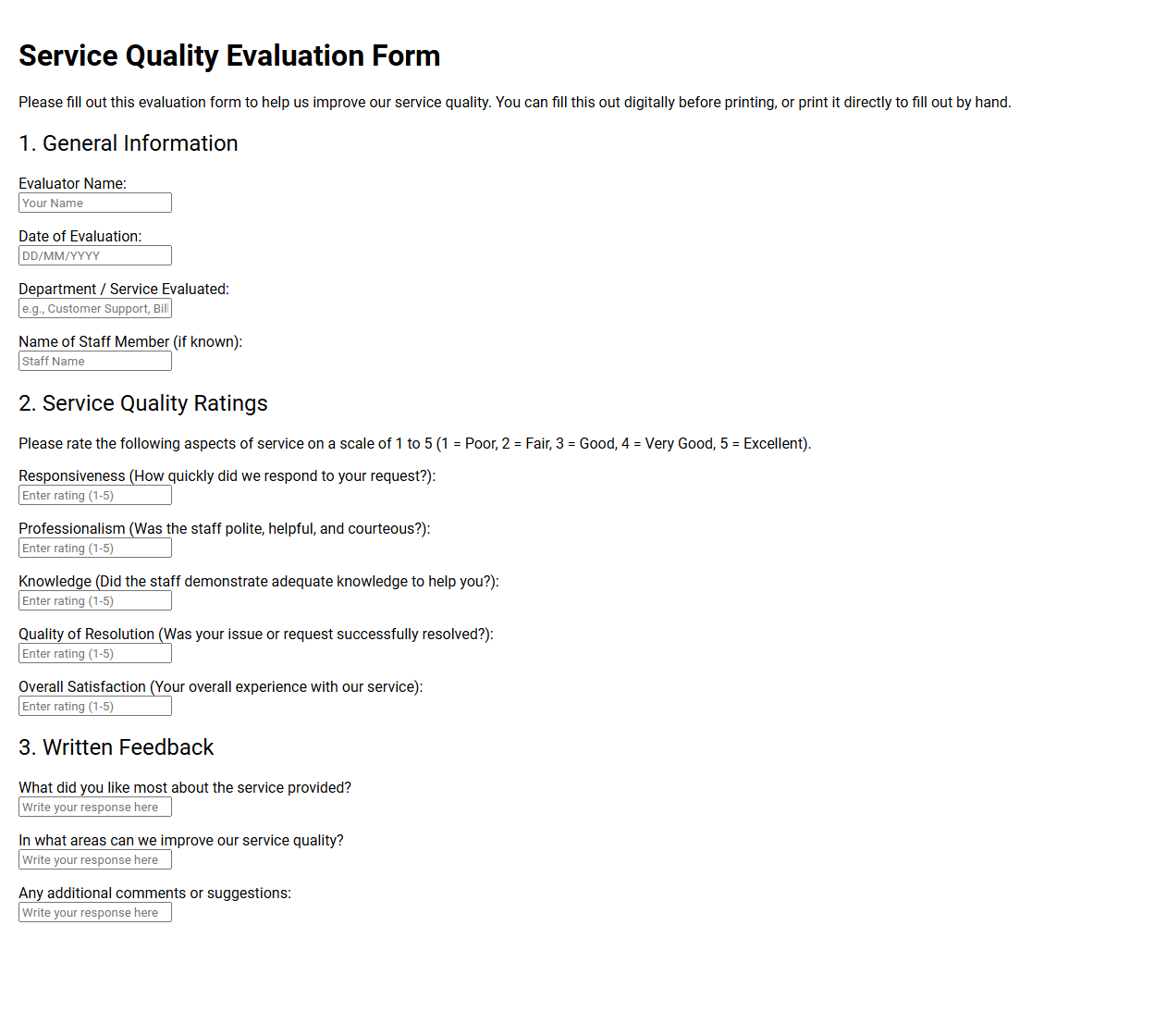 Service Quality Evaluation Form