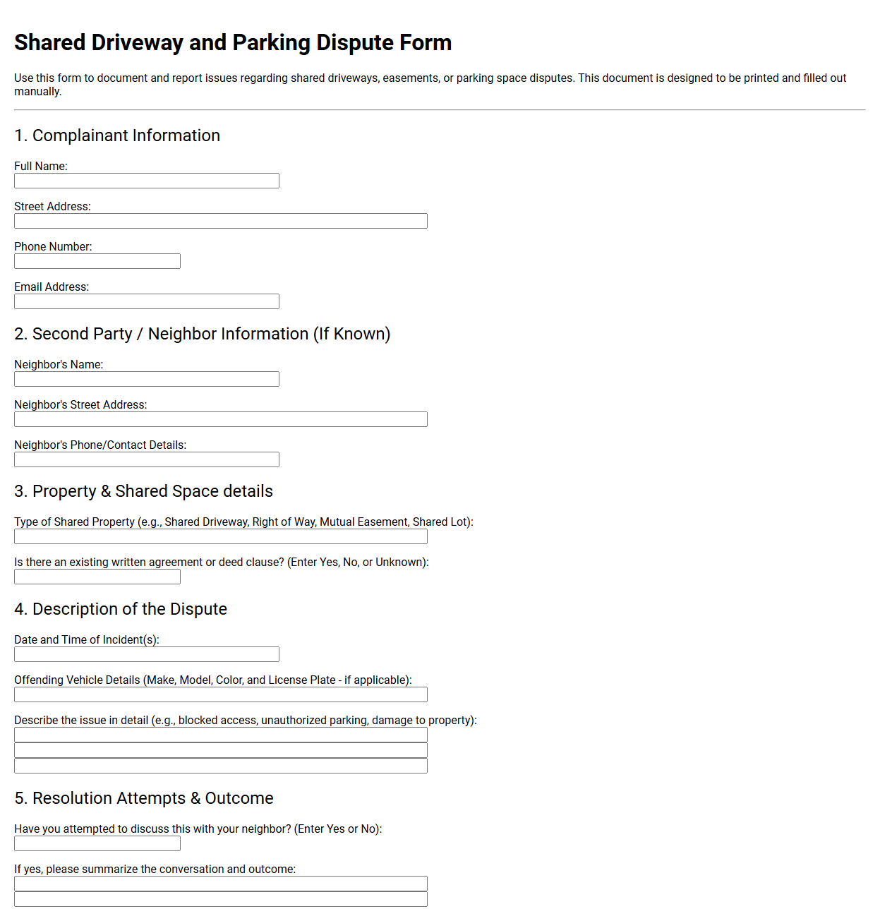Shared Driveway and Parking Dispute Form