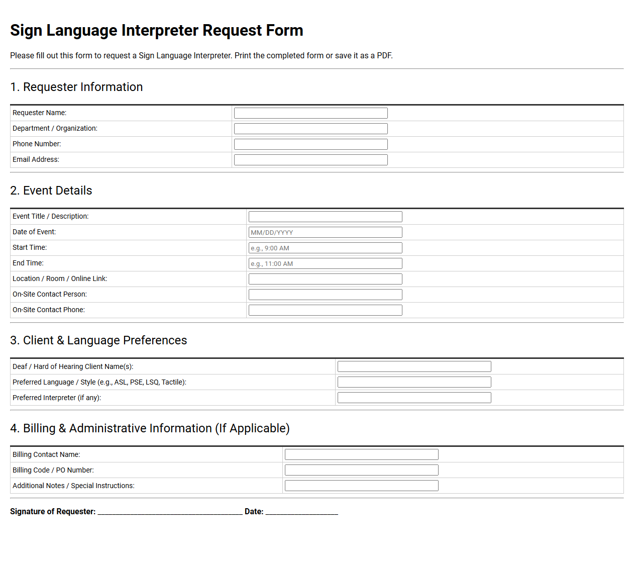 Sign Language Interpreter Request Form
