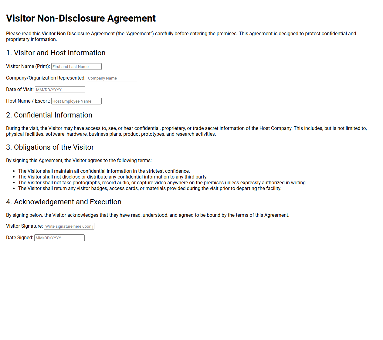 Simple Printed Visitor NDA Document