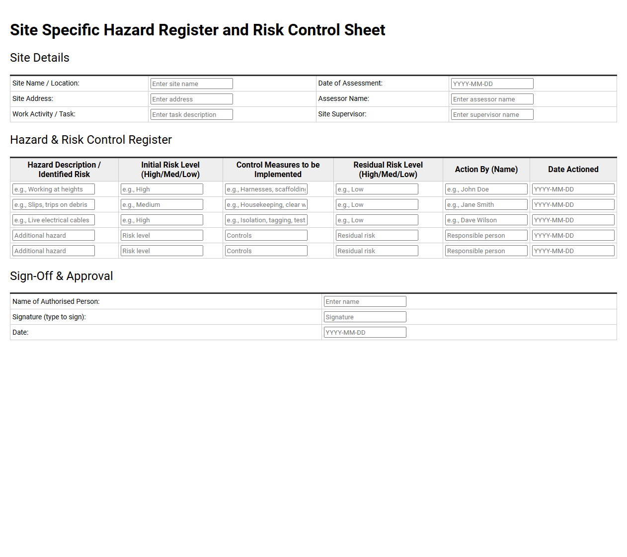 Site Specific Hazard Register and Risk Control Sheet