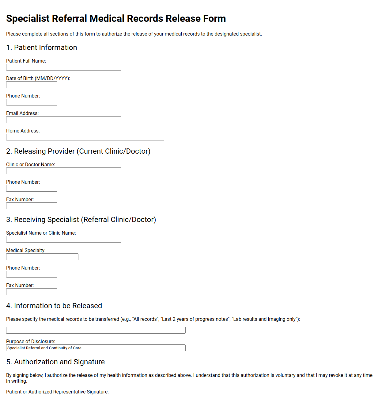 Specialist Referral Medical Records Release Form