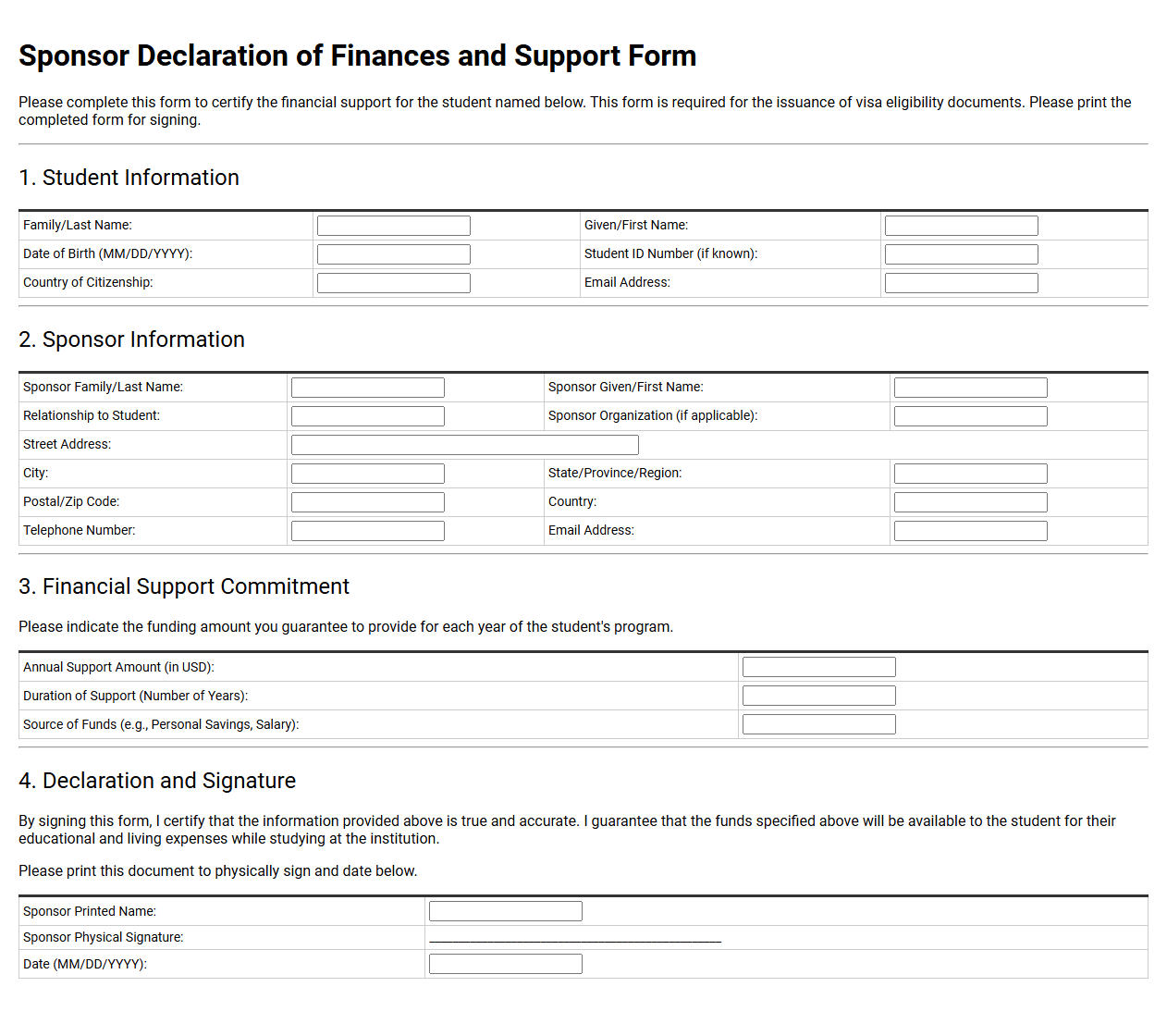 Sponsor Declaration of Finances and Support Form
