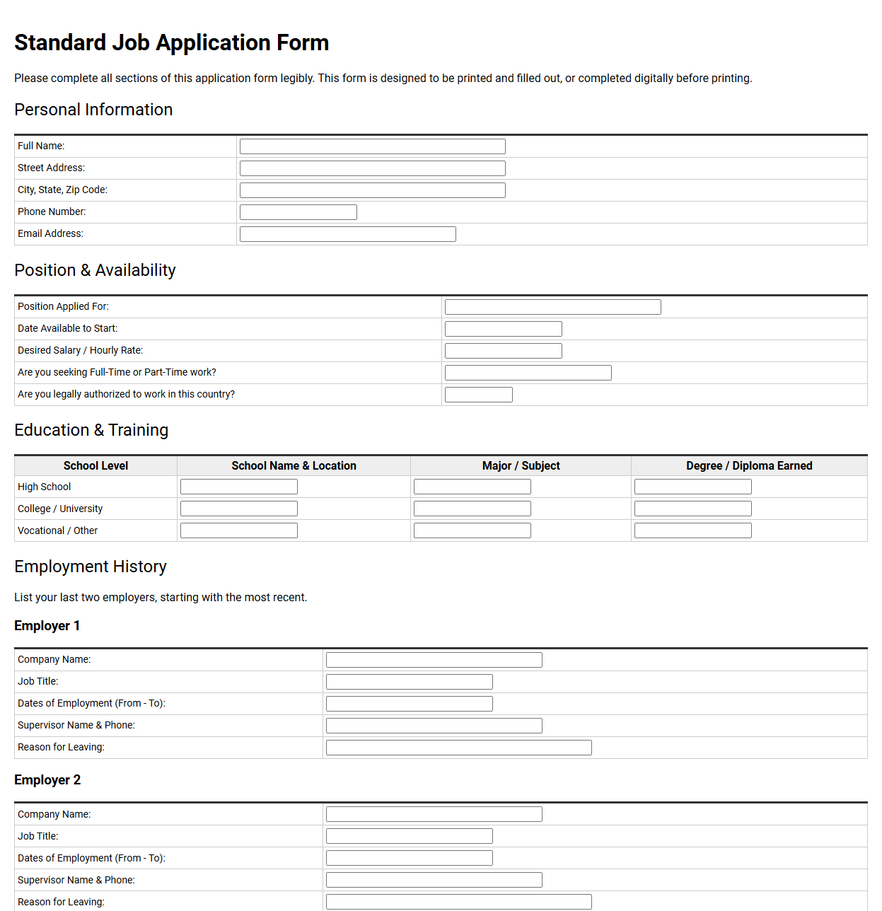 Standard Job Application Form