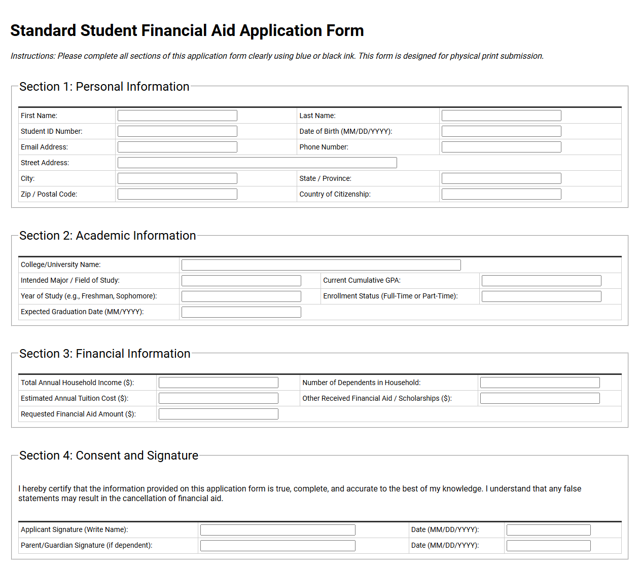 Standard Student Financial Aid Application Form