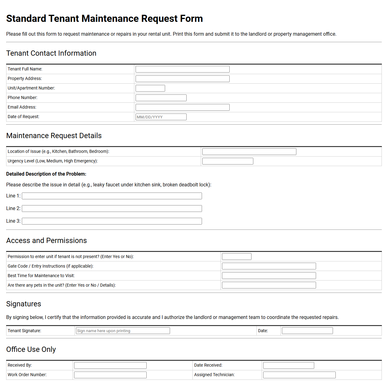 Standard Tenant Maintenance Request Form