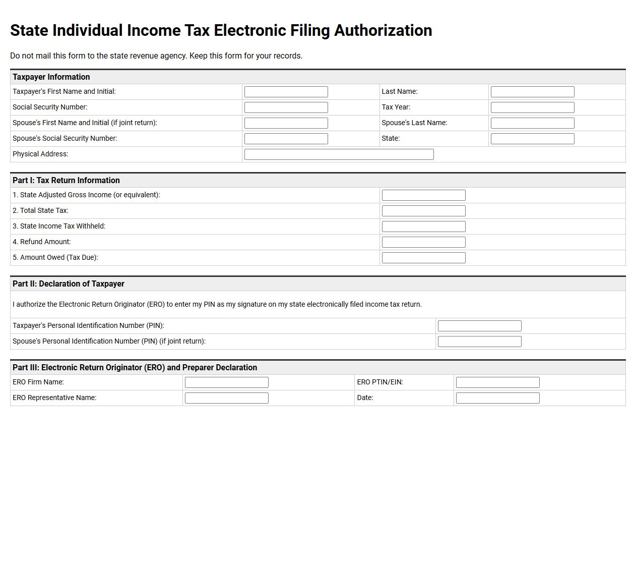 State Individual Income Tax Electronic Filing Authorization Form