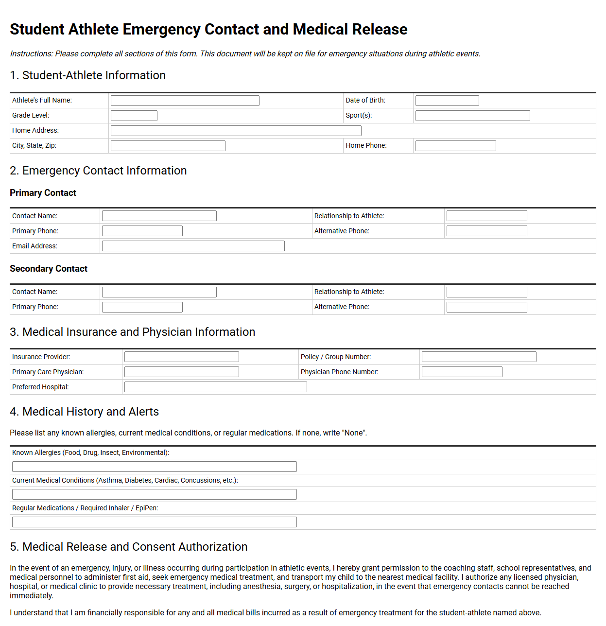 Student Athlete Emergency Contact and Medical Release