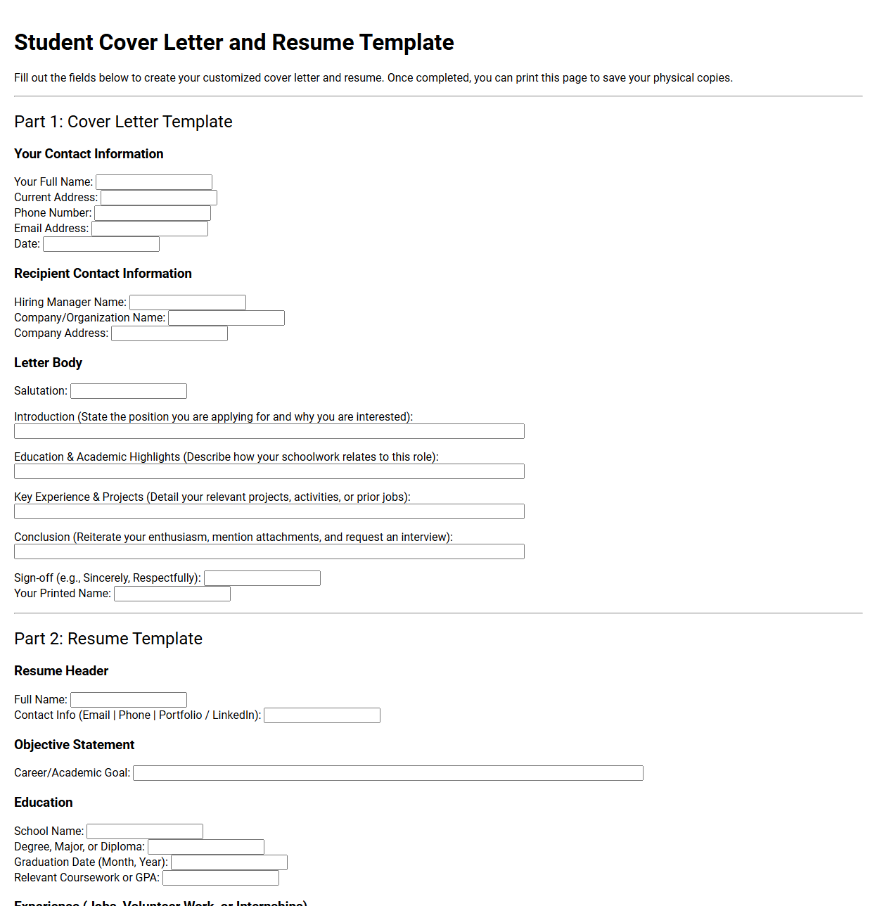 Student Cover Letter and Resume Template