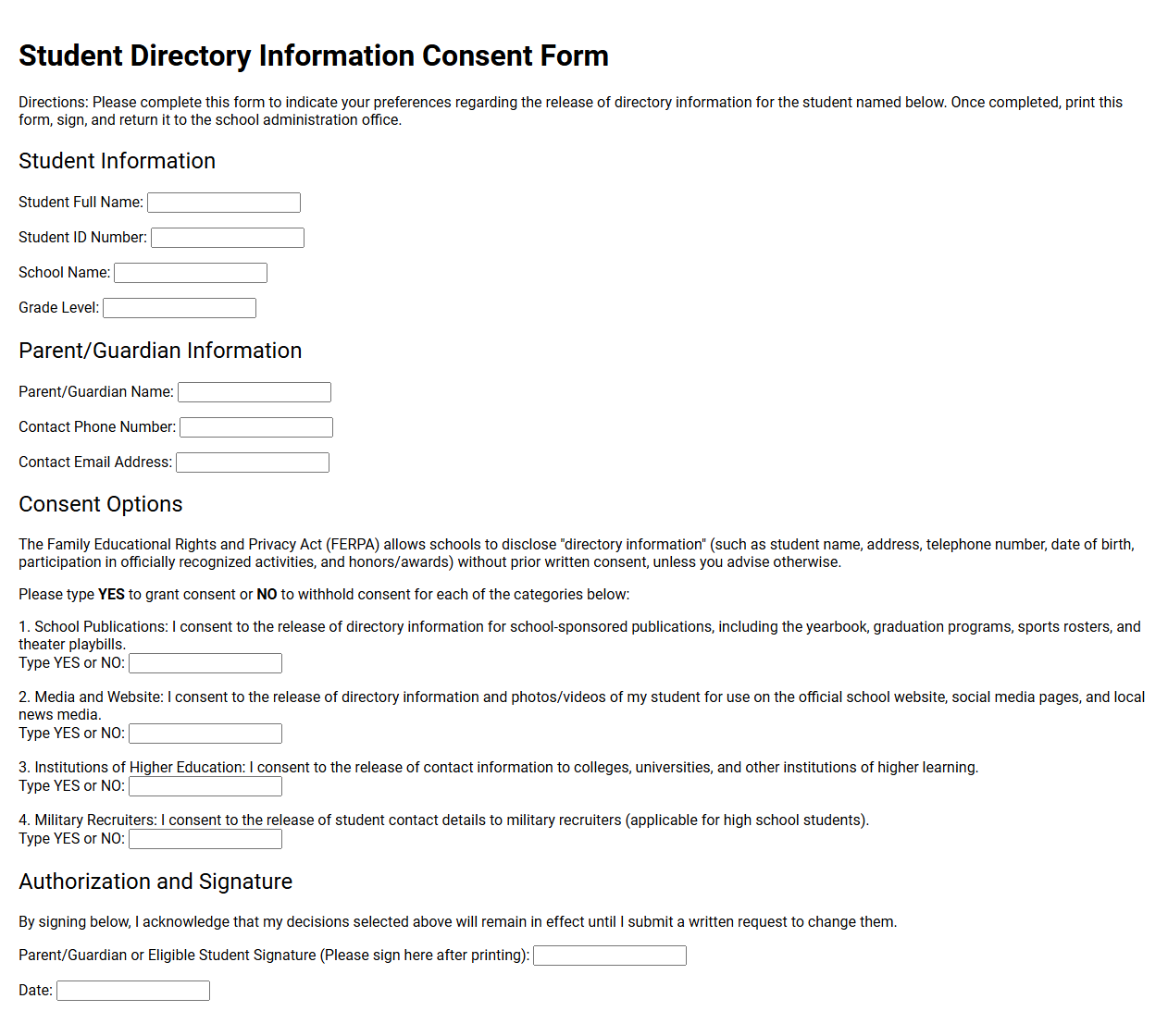 Student Directory Information Consent Form