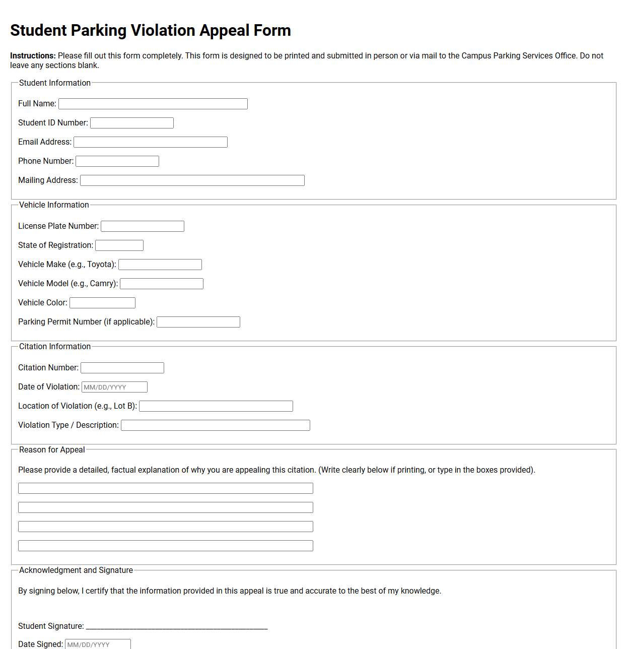 Student Parking Violation Appeal Form
