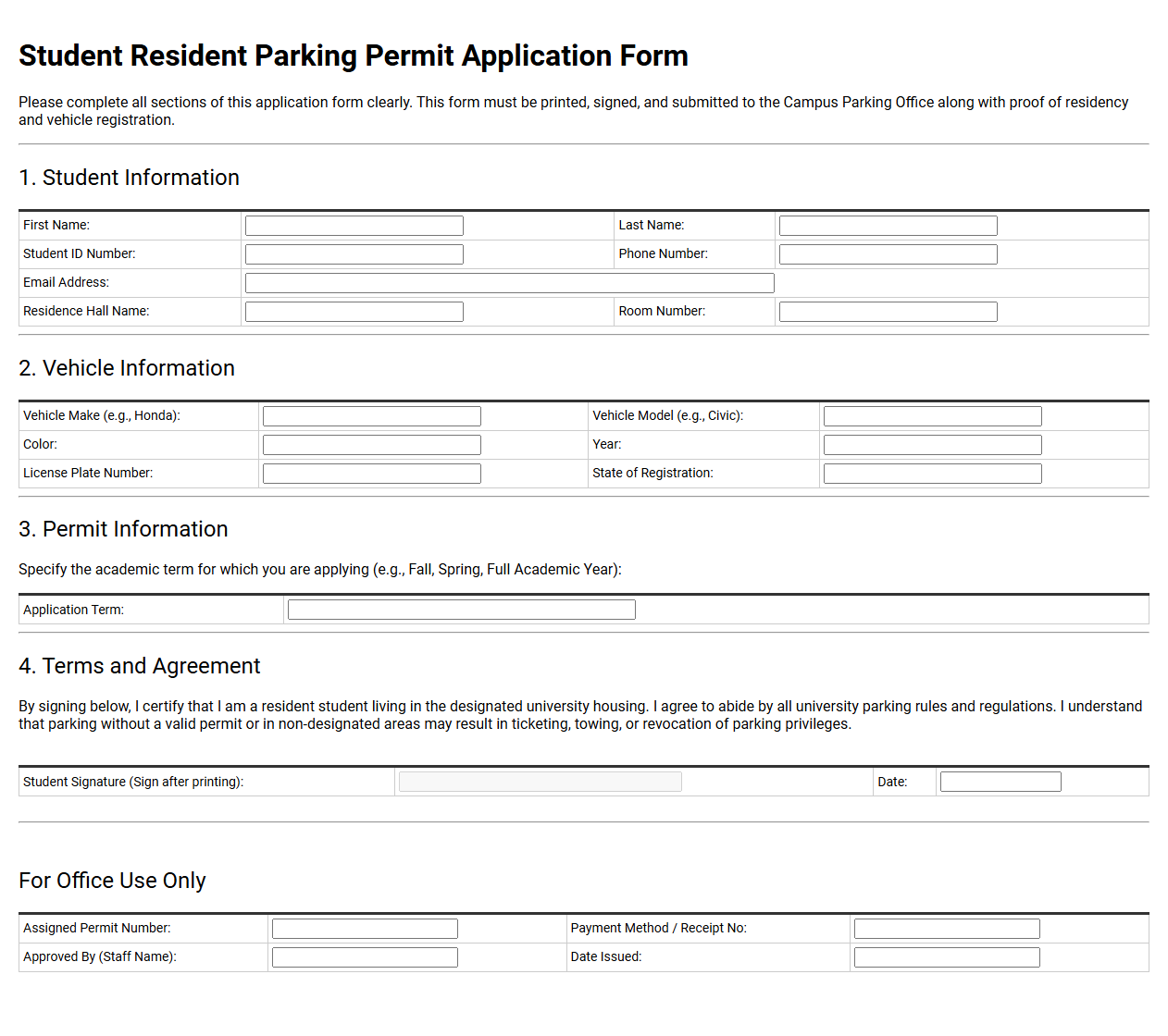 Student Resident Parking Permit Application Form