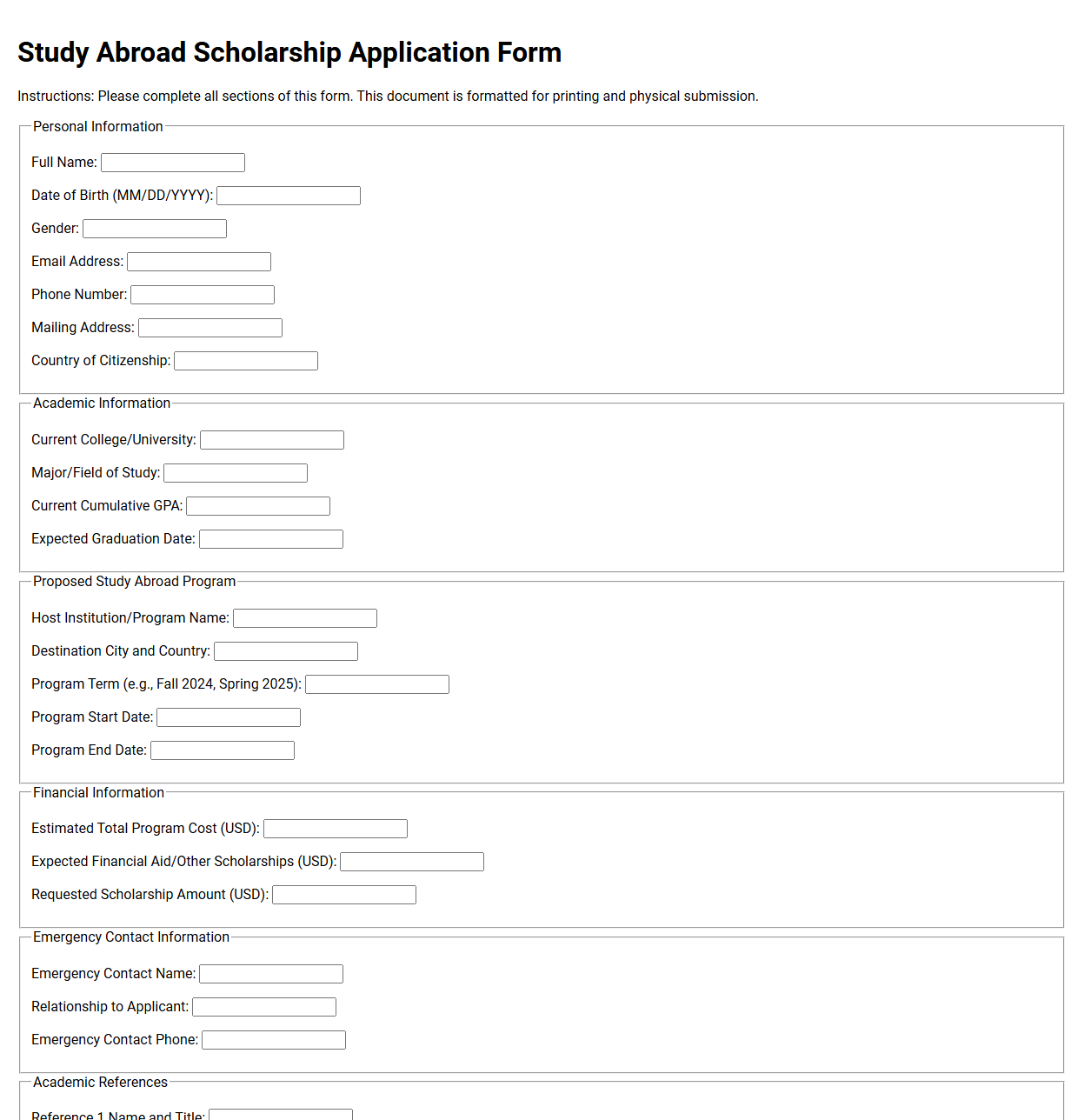 Study Abroad Scholarship Application Form