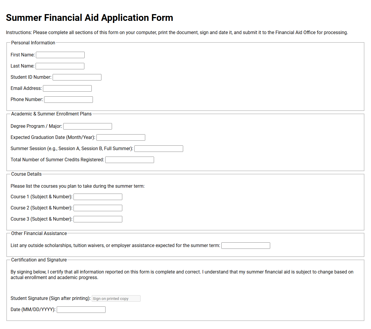 Summer Financial Aid Application Form