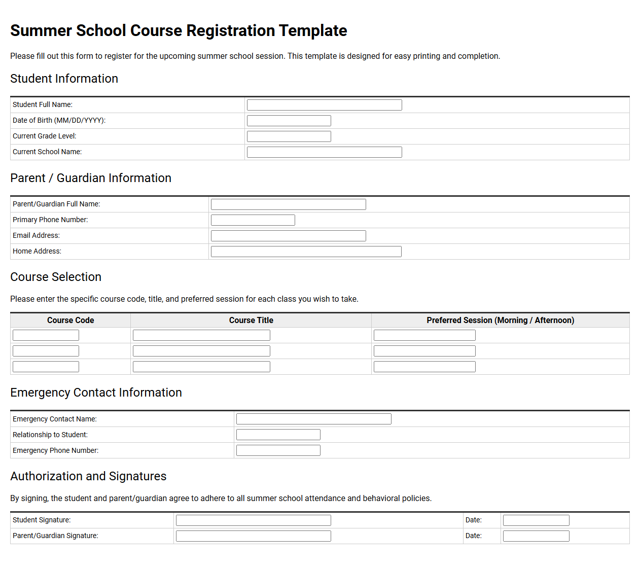 Summer School Course Registration Template