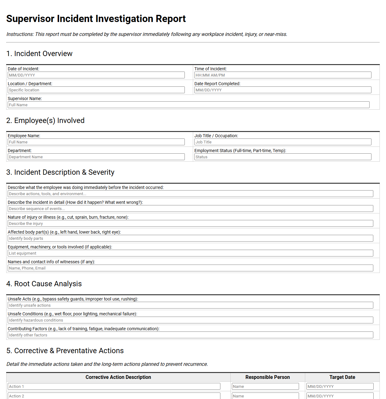 Supervisor Incident Investigation Report Template