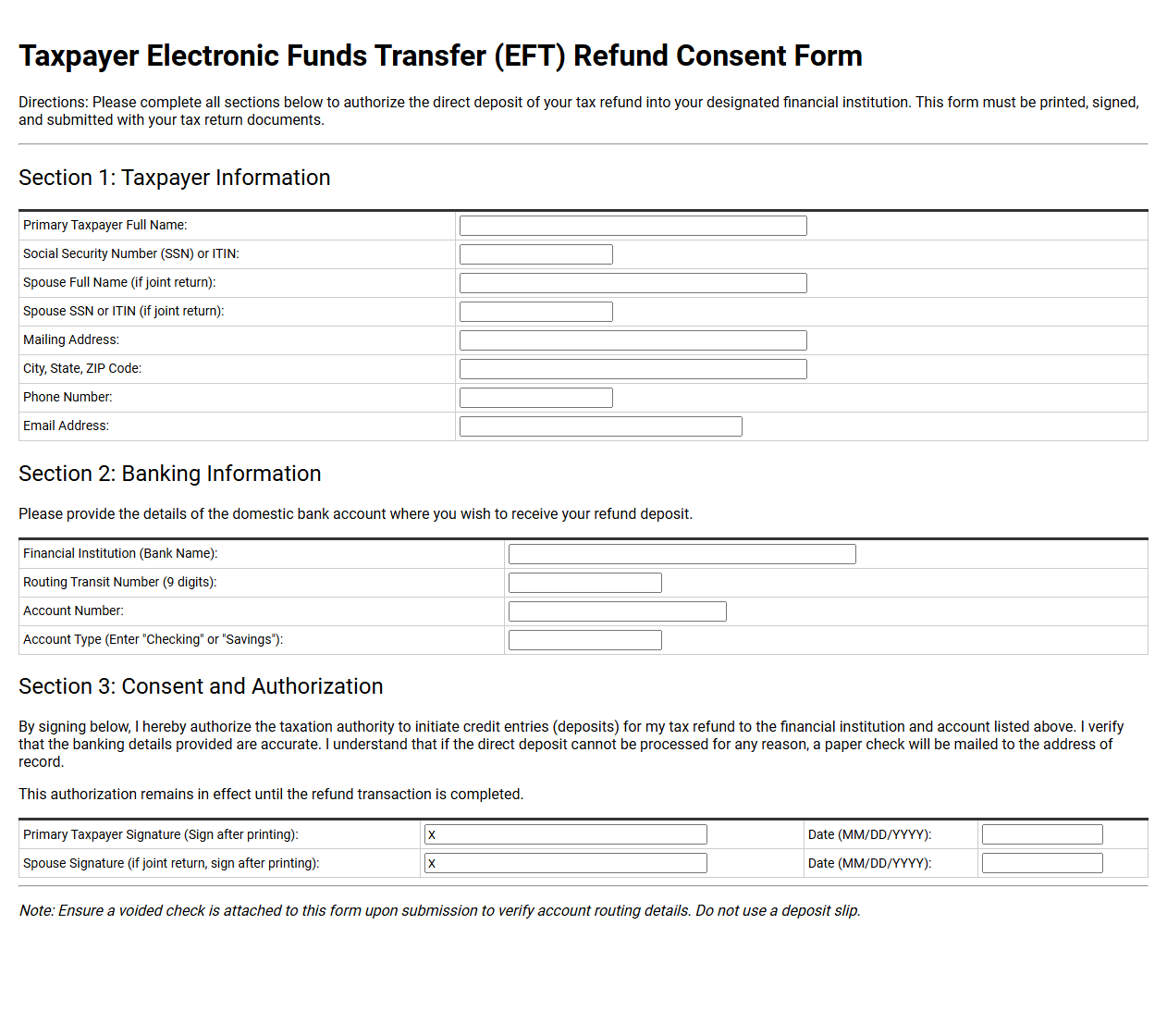 Taxpayer Electronic Funds Transfer Refund Consent Form