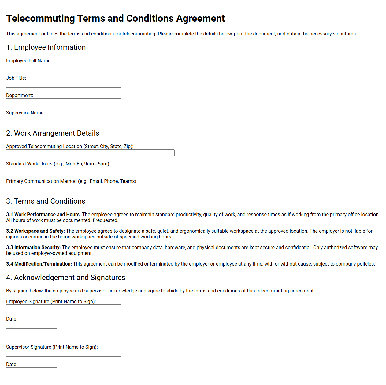 Telecommuting Terms and Conditions Agreement
