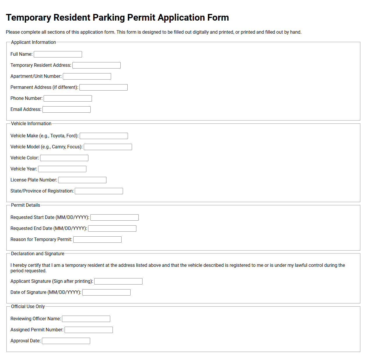 Temporary Resident Parking Permit Application Form