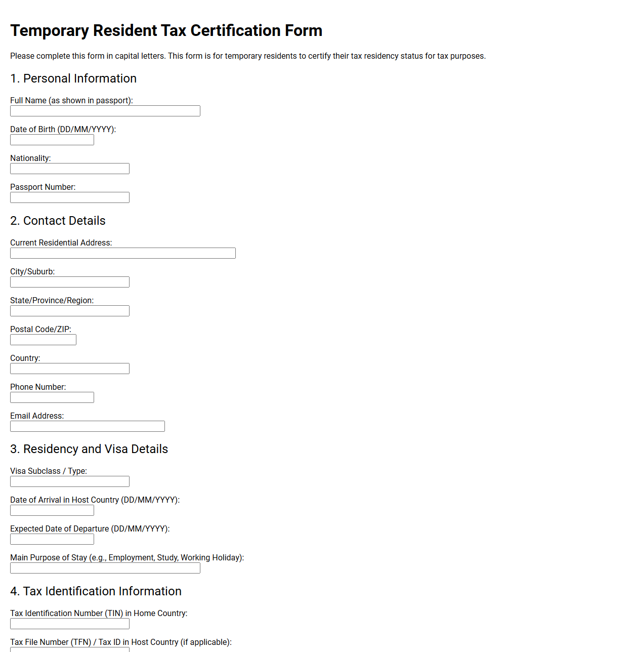 Temporary Resident Tax Certification Form