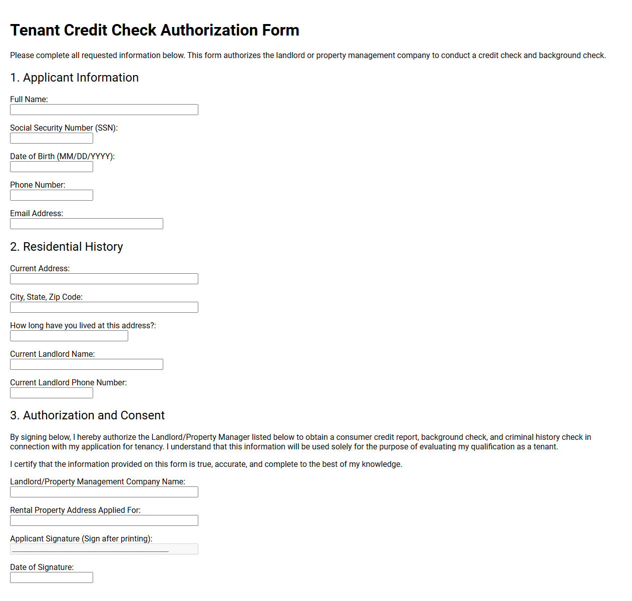 Tenant Credit Check Authorization Form