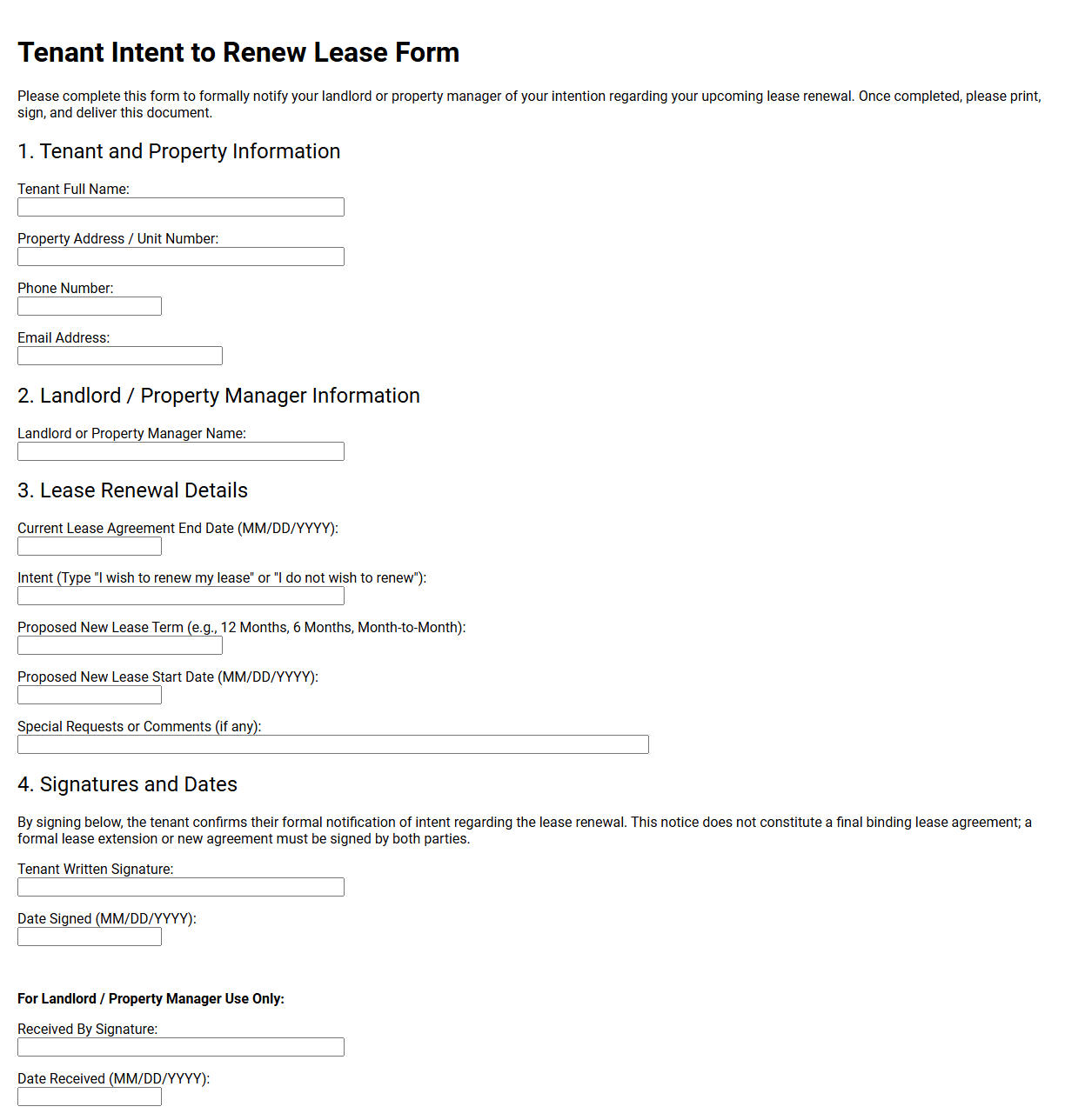 Tenant Intent to Renew Lease Form