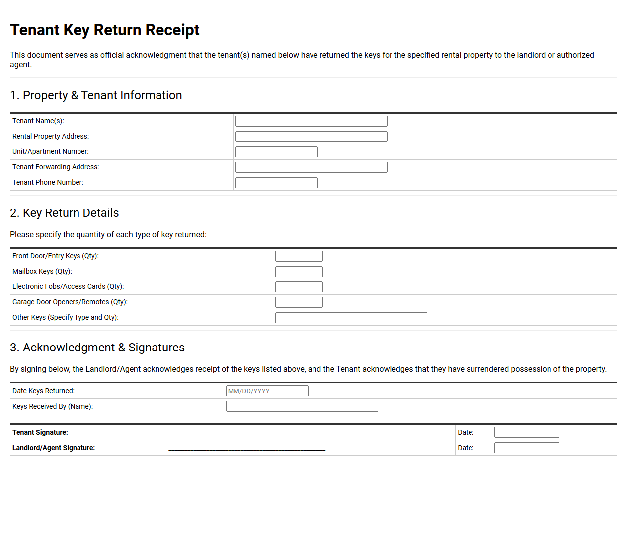 Tenant Key Return Receipt Template