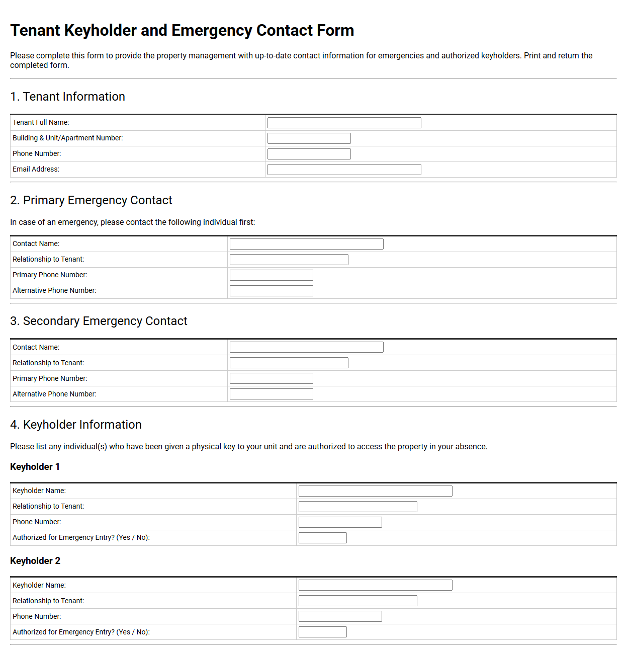 Tenant Keyholder and Emergency Contact Form