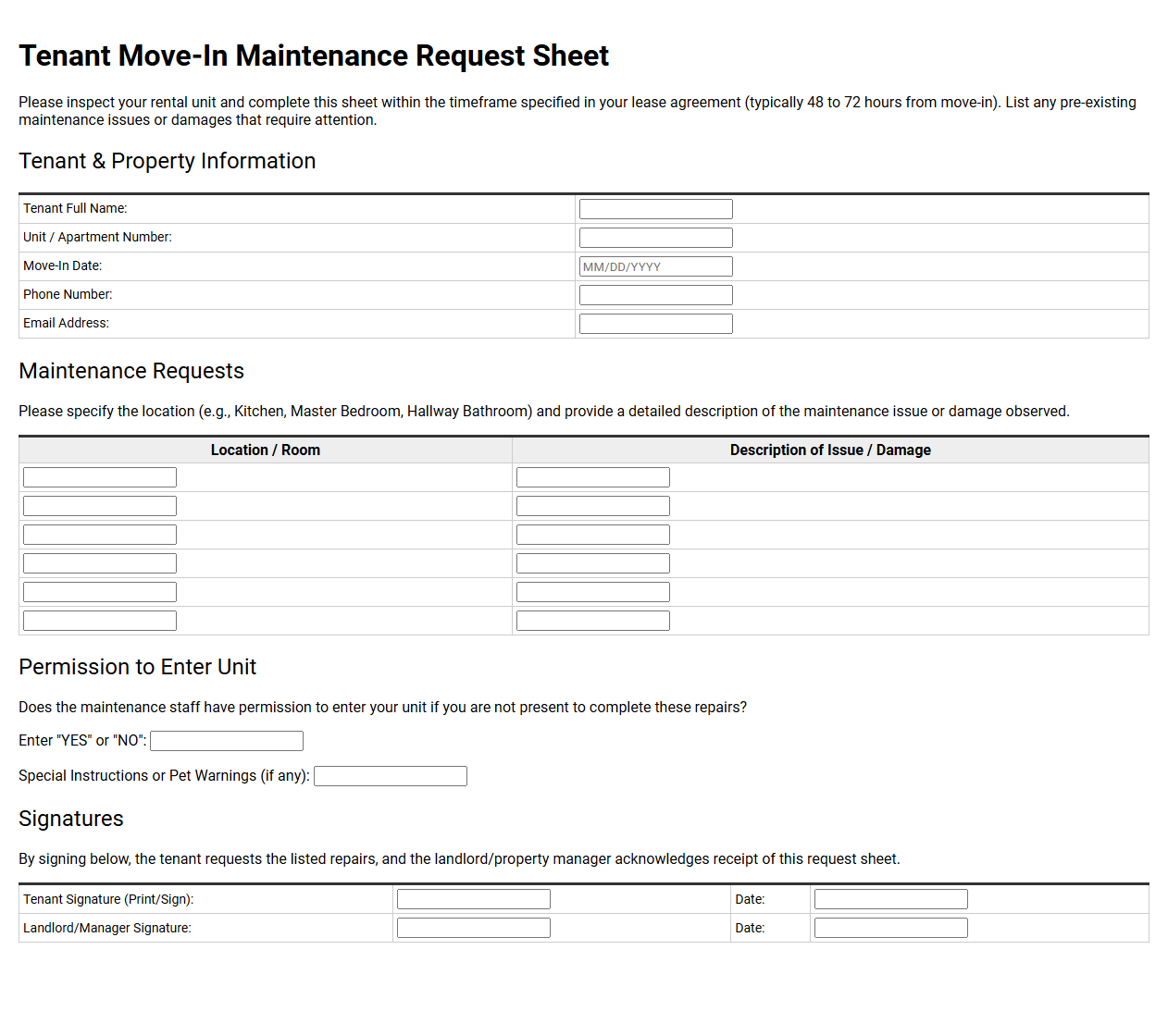 Tenant Move-In Maintenance Request Sheet