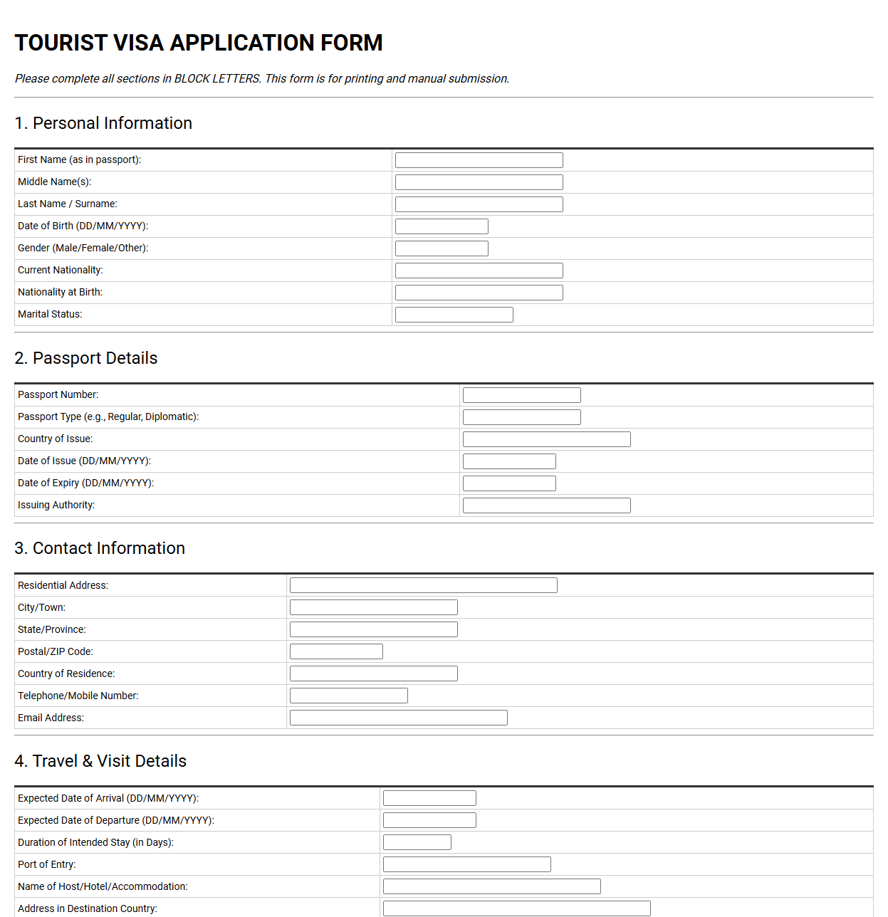 Tourist Visa Application Form