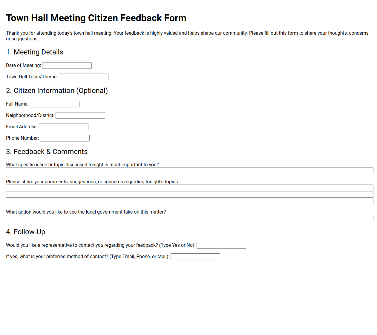 Town Hall Meeting Citizen Feedback Form