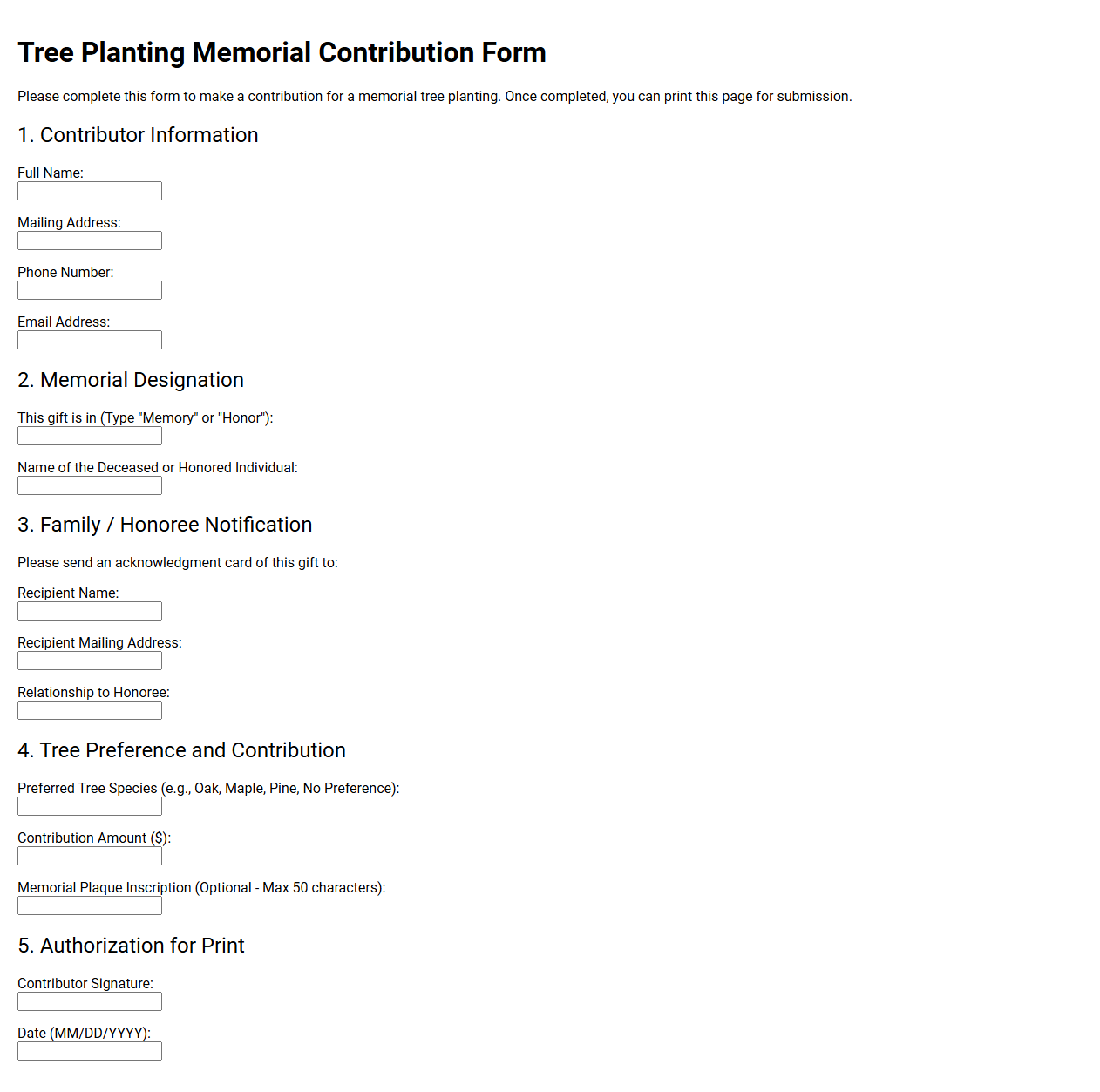 Tree Planting Memorial Contribution Form