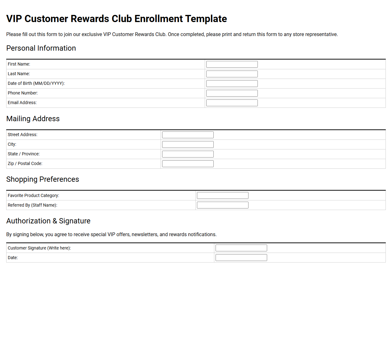 VIP Customer Rewards Club Enrollment Template