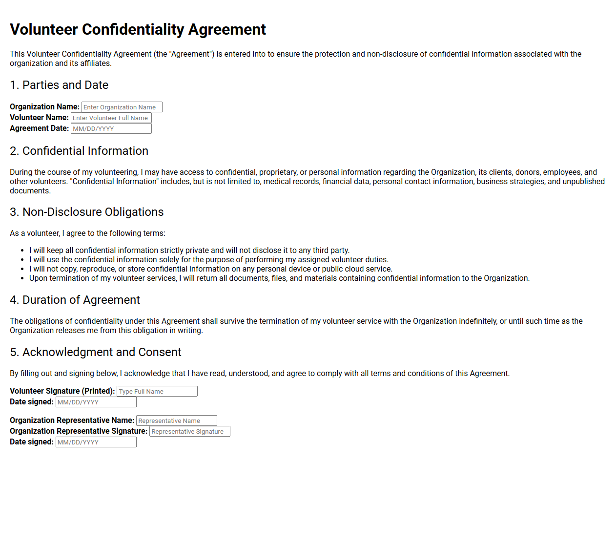 Volunteer Confidentiality Agreement Template