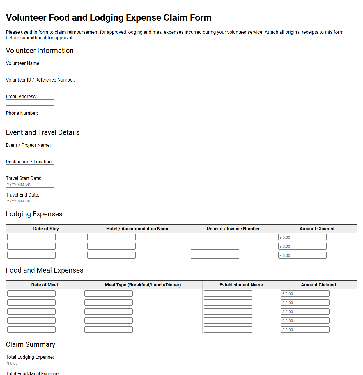 Volunteer Food and Lodging Expense Claim Form