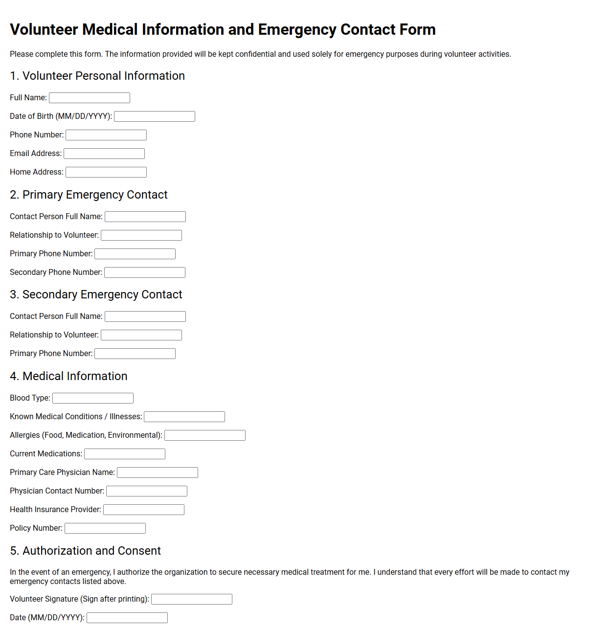 Volunteer Medical Information and Emergency Contact Form
