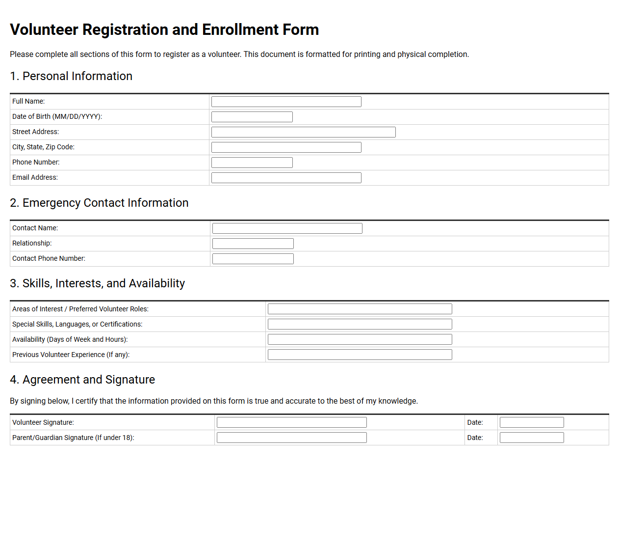 Volunteer Registration and Enrollment Form