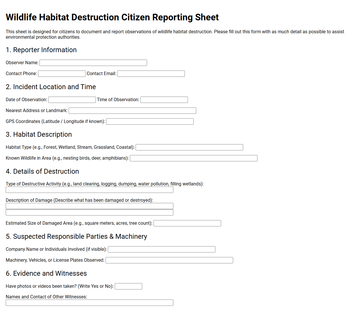 Wildlife habitat destruction citizen reporting sheet