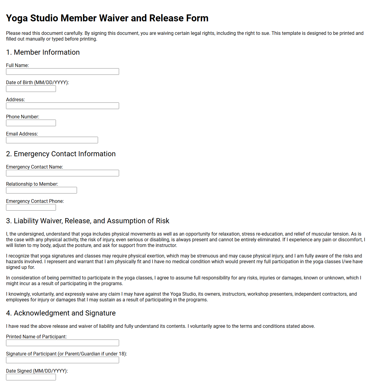 Yoga Studio Member Waiver and Release Template
