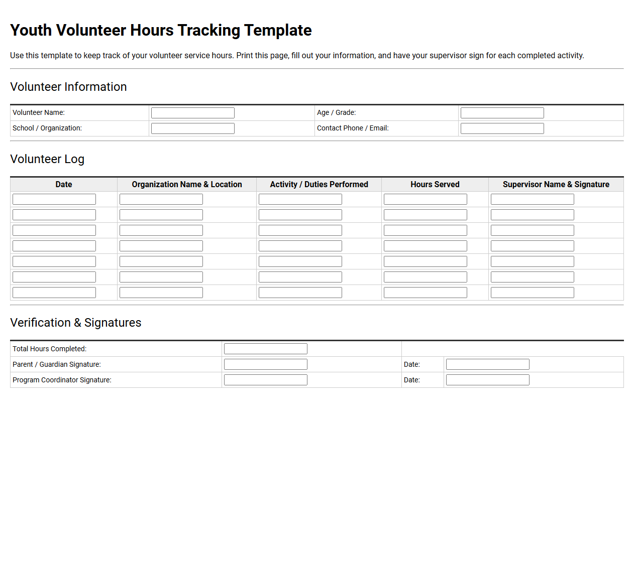 Youth Volunteer Hours Tracking Template