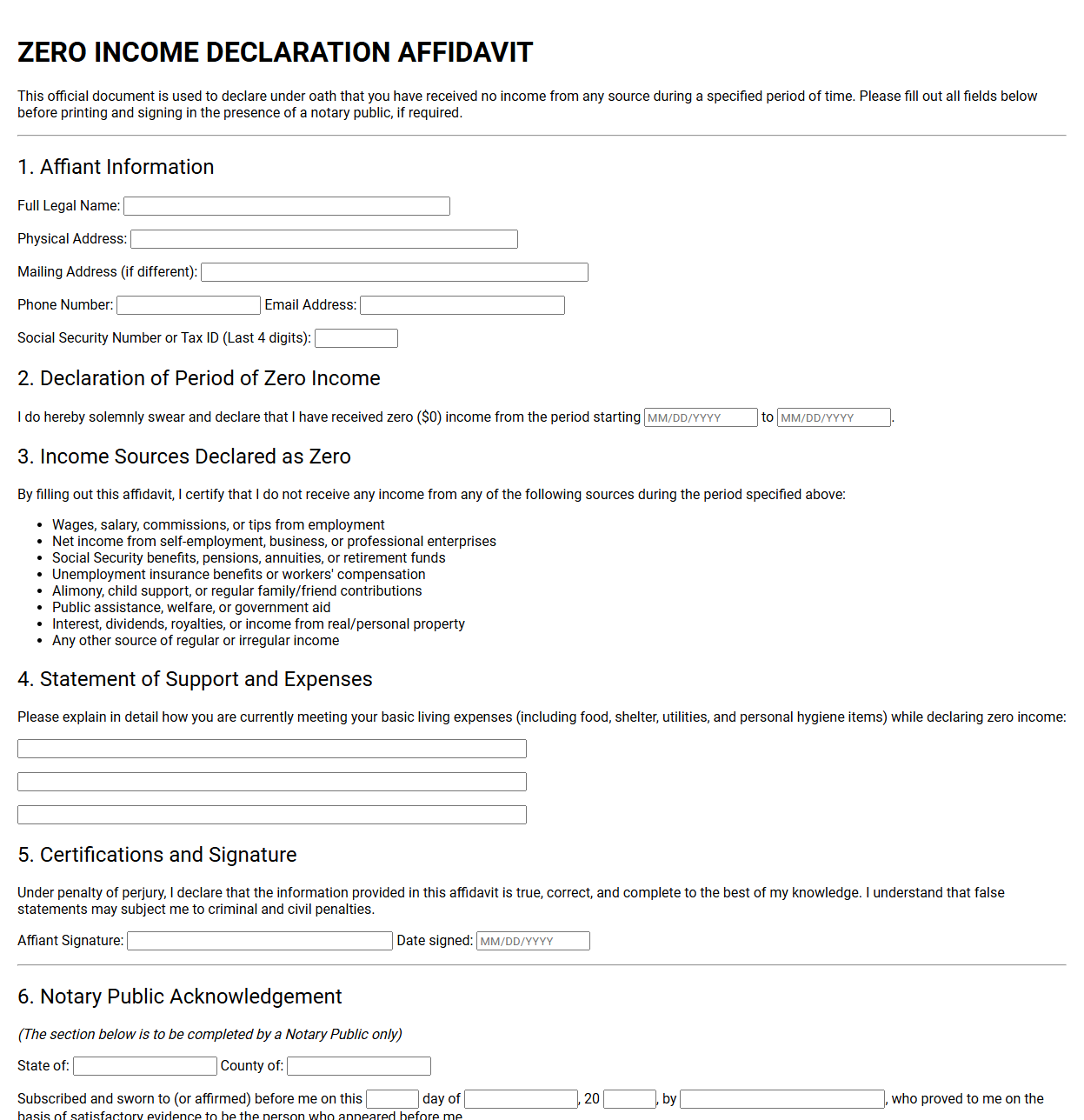 Zero Income Declaration Affidavit Template
